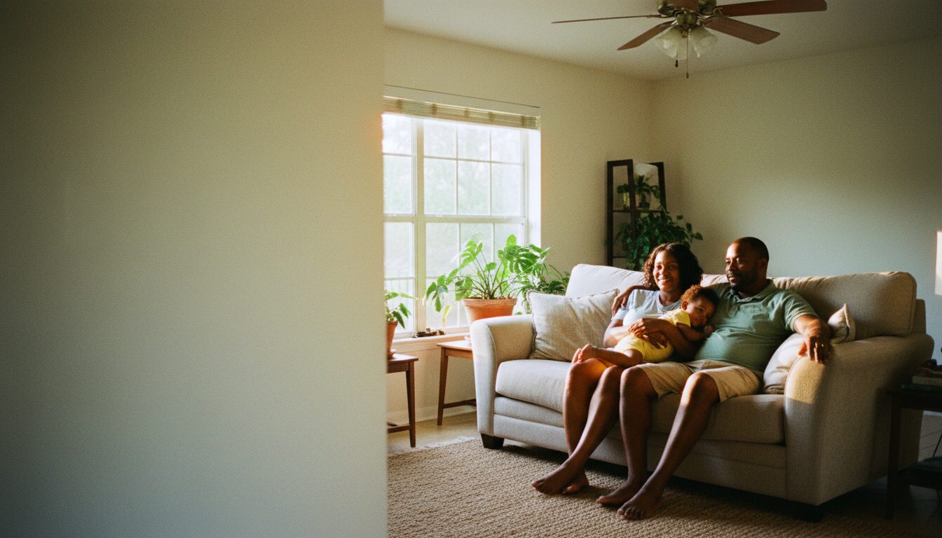 A family sitting together on a sofa in a cool, comfortable living room.